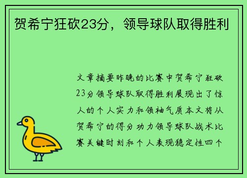 贺希宁狂砍23分，领导球队取得胜利